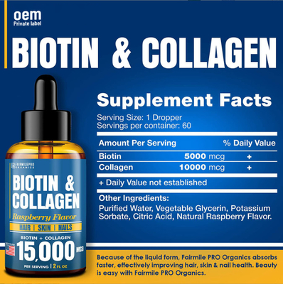 Collagène liquide oral de biotine d'OEM pour des baisses collagène et biotine liquides de santé de croissance et de peau de cheveux