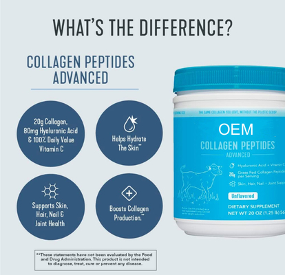 Les peptides de collagène d'approvisionnement d'OEM saupoudrent avec de l'acide hyaluronique et la vitamine C 20 onces Unflavored 10 onces