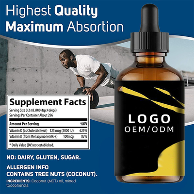 La vitamine organique D3 K2 laisse tomber le liquide de la vitamine D d'Omega d'huile de MCT OEM de 5000 unités internationales