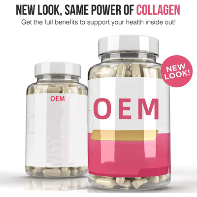 Les pilules d'OEM de soins de la peau font face à des capsules de vitamine C de collagène marque sur tablette anti-vieillissement